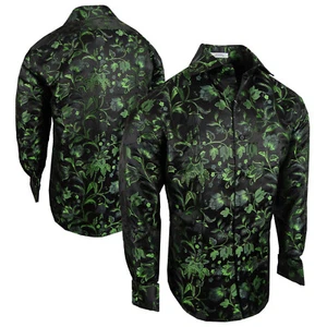Event Dress Shirt Mens Black Green Floral Pattern Sheen French Cuff by Leonardi - Picture 1 of 7