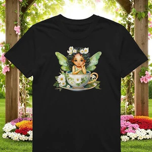 Whimsical Fairy in Daisy Teacup T-Shirt | 100% Cotton Tee L-3X Garden Gift - Picture 1 of 2