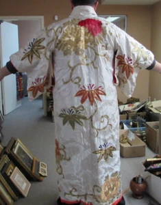 Vintage Hand Embroidered Brocade Japanese Kimono Gold Metallic Thread 22" x 55" - Picture 1 of 9