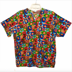 Peaches Scrub Shirt Medium Red Fall Autumn Leaves Harvest Nurse Vet Tech Xray  - Picture 1 of 8