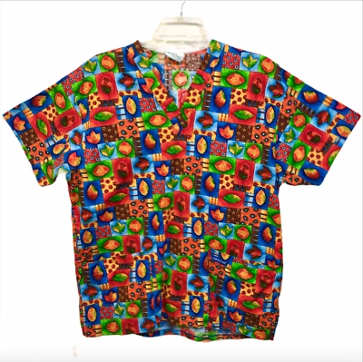 Peaches Scrub Shirt Medium Red Fall Autumn Leaves Harvest Nurse Vet Tech Xray  - Image 1 of 4