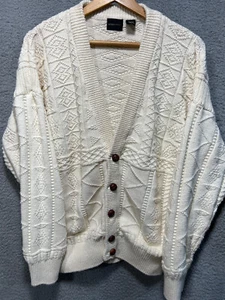 Maglione Cardigan Struttura Uomo Vintage Intrecciato XL Beige Maglia Cavo Pescatore - Foto 1 di 9