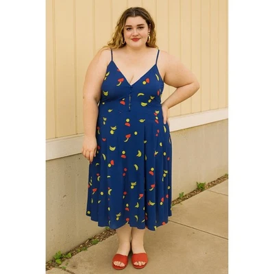 Modcloth Salt Air in My Hair Dress Womens 1X Blue Banana Print Sundress Retro - Image 1 of 4