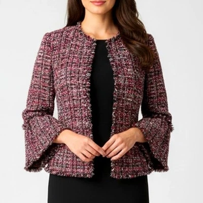 Blazer Chaqueta Sin Cuello ANN TAYLOR Tweed Manga Campana Talla 4 Rosa Gris Ropa de Trabajo Foto 1 de 4