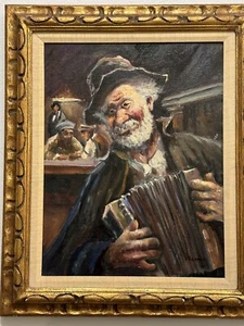 De colección 3er cuarto siglo XX pintura orgánica anciana busker jugando caja de compresión - Imagen 1 de 13