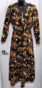Vintage Handmade 70's Polyester Long Dress Long Sleeve Brown Floral Retro - Picture 1 of 7