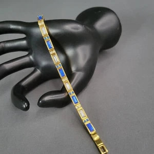 Modisches Damenarmband goldfarben blau klar Kristall rechteckig Glieder 6 3/4 Zoll - Bild 1 von 6