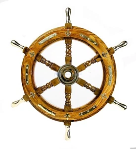 Nautical Premium Sailor's Hand Crafted Brass & Wooden Ship Wheel 18 Inches - Picture 1 of 4