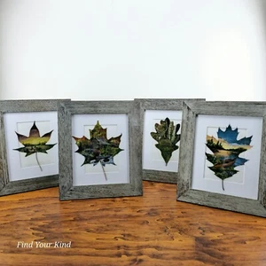 Hojas reales pintadas a mano - 4 marcos - 13x11 - Arte - Caza - Paisaje - Arte de hojas - Ciervos - Imagen 1 de 5