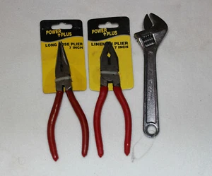 Lot of 3 Power Plus Lineman Plier 7”, Long Nose Plier 7”, Adjustable Wrench 8” - Bild 1 von 2