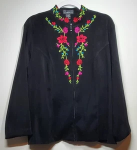 Elementz Women's XL Black Brushed Twill Floral Embroidered Full Zip Jacket - Picture 1 of 9