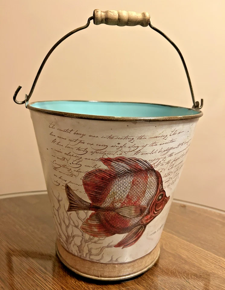 Tim Coffey Fish & Seaweed 9" Decor Metal Bucket Pail  Wood Handle Creative Co-op - Image 1 of 4