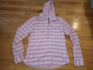 PRANA Shirt Womens Small Salmon Plaid Hooded Hoodie Pocket Roll Tab Lightweight - Picture 1 of 4