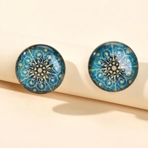 Ethnic Jewellery Blue Green Resin Flower Pattern Round Stud Pierced Earrings - Picture 1 of 18