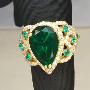 7.00ct Pear Cut Green Natural Emerald & Diamond Ring 100% Real 14K Yellow Gold - Picture 1 of 13