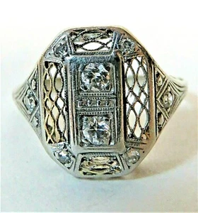 Vintage 18KT White Gold Old European Diamond Filigree Ring Polished Finish SZ 5 - Picture 1 of 12
