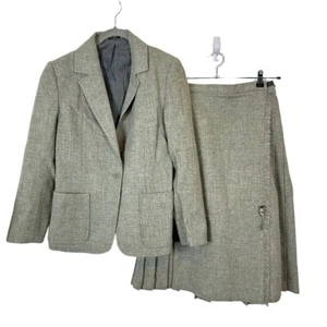 Scottish Wool Skirt Suit Women Size S M Kilt Style 30 in Waist Gray Brown Tweed - Picture 1 of 12