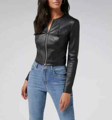 Elegante chaqueta de cuero recortada negra de piel de cordero genuina para mujer hecha a mano motociclista Foto 1 de 4