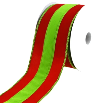Christmas Lime Green & Red 2.5" by 2 yards Velveteen Wide  Stripe Wired Ribbon - Image 1 of 4