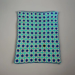Hand Knit Baby Blanket 4 Leaf Clover Blue Green Border 34x43" Car Seat Size - Picture 1 of 6