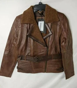 Echtleder Damen Jacke Small 4-6 Braun Sherpa Kragen Gürtel Tomb Raider Neu - Bild 1 von 11