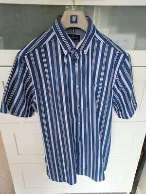 M&S BLUE HARBOUR Mens Blue Mix Stripe Relaxed Cotton Short Sleeve Shirt M. - Image 1 of 3