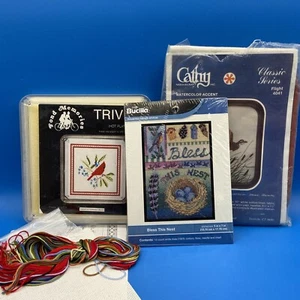 BIRDS vtg CROSS STITCH 3 KITS Lot Cardinal Trivet Bless this Nest Duck Flight - Picture 1 of 16