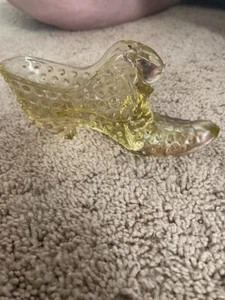 Fenton Topaz  Hobnail Vaseline Glass Cat Head Slipper Shoe - Picture 1 of 2