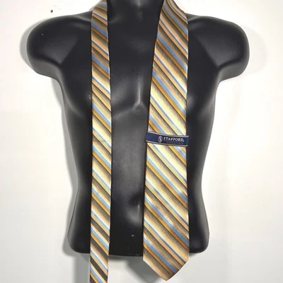 Stafford Essentials Mens Yellow Blue Stripe Work Necktie Polyester Academia Tie - Image 1 of 4
