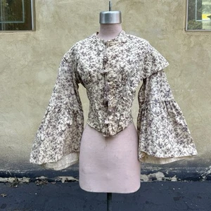 Antique Victorian 1860s Ivory Floral Wool Challis Pagoda Sleeve Bodice Top - Picture 1 of 15