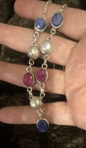Vintage 925 Sterling Silver Blue Sapphire, Ruby And Pearl Necklace - Picture 1 of 10