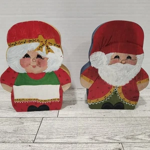 Vintage Folk Art Santa & Mrs Claus Wood Candle Holders 1988 Signed - Picture 1 of 10