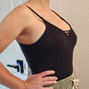 So Cute American Eagle Outfitters First Essentials Black Ribbed Bodysuit Medium. - Picture 1 of 16