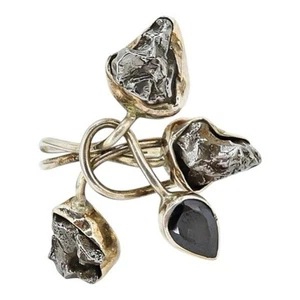 Sterling Artisan Ring Brutalist Organic Modernist Raw Stones Faceted Black Gem - Picture 1 of 9