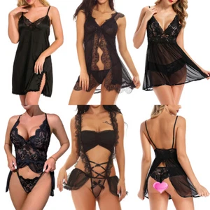 Black Women's Sexy Lingerie Babydoll Open Front Lace Nightwear Dress G-String - Picture 1 of 255