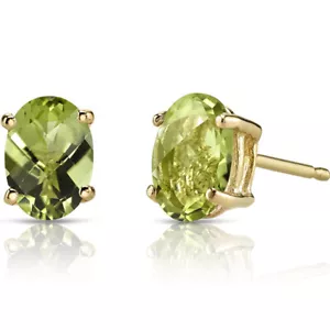 Earrings Peridot 9ct Gold Oval Claw Set Studs - Picture 1 of 25