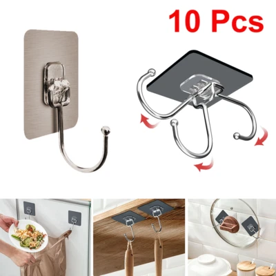 10PCS Stainless Steel Adhesive Sticky Hooks Heavy Duty Wall Gold/Black Hook US - Image 1 of 4