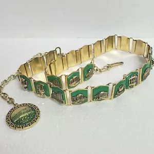 Greek Souvenir Adjustable Metal Belt Gold Tone + Green Backing 29" to 38" - Picture 1 of 6