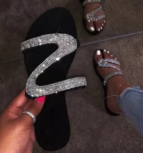 Sandalias de verano para mujer de estrás planas de playa ostentosas de moda - Imagen 1 de 11