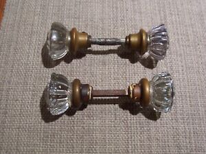2 Vintage Pair of 12-Point Clear Crystal Glass & Brass Door Knobs Sets