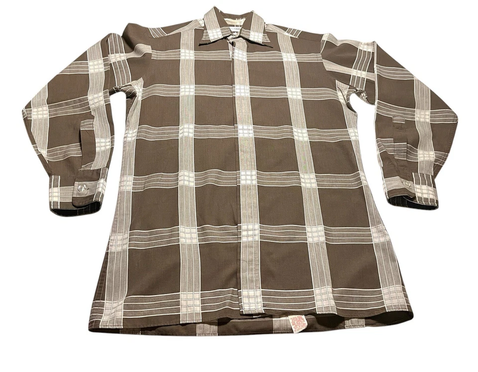 Vintage 70s Pierre Cardin disco shirt cotton blend RAD brown windowpane plaid VG - Image 1 of 4