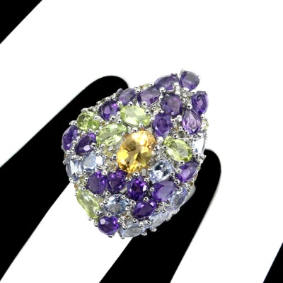 925 Sterlingsilber Ovaler Citrin 7x5mm Amethyst Peridot Edelsteine Ring 8,5 - Bild 1 von 4