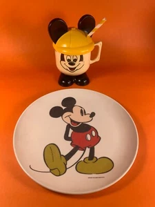 1970’s Vintage Walt Disney Mickey Mouse Plate and Fun Mug w/Lid Melanine - Picture 1 of 15