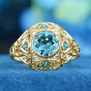 9K Yellow Gold Natural Blue Topaz and Diamond Vintage Style Dome Ring - Picture 1 of 8