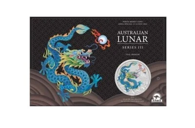 Lunar 3 Drache hellblau (Teal Dragon) 2024 - 1 Oz Silber Color in Blisterkarte - Bild 1 von 3