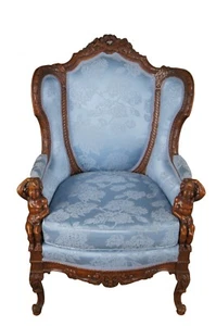 Antique French Louis XVI Style Figural Carved Walnut Bergere Wingback Arm Chair - Picture 1 of 13