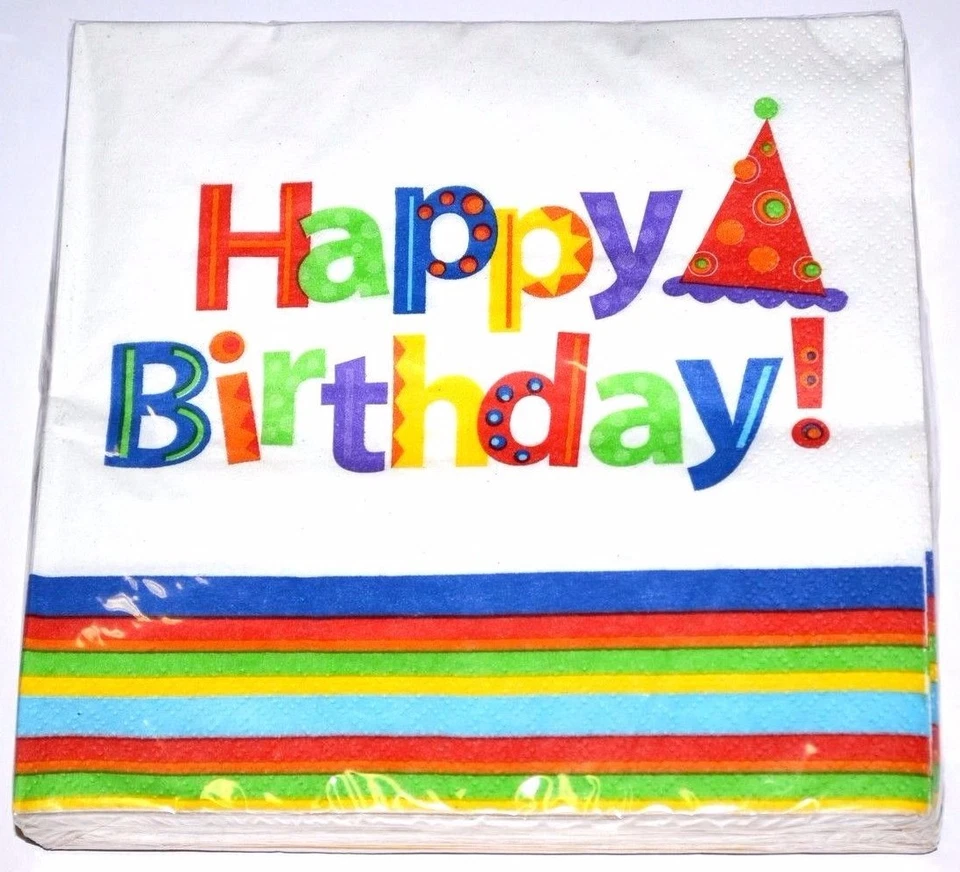 48pc 2ply Beverage Paper Napkins Happy Birthday Hat Stripes Fun Party
