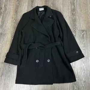 Vintage MDP Mario De Pinto Black 100 % Wool Belted Pea Coat No Size Approx L/XL - Picture 1 of 5