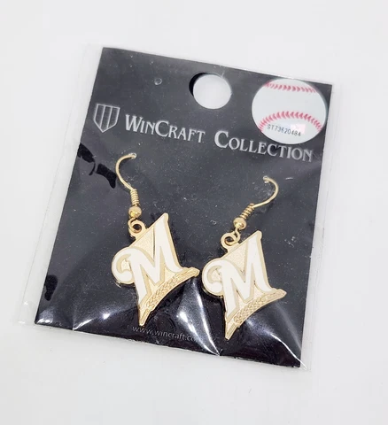 MLB Milwaukee Brewers Dangle Earrings White Gold Tone M logo New Cover