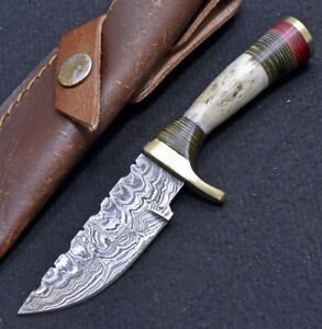 CUSTOM HANDMADE FORGED DAMASCUS STEEL  CAMPING HUNTING KNIFE STAG HORN - B-1114
